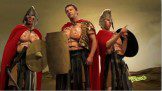 Three men ready to fight with shield