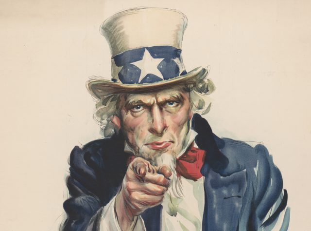A painting of an uncle pointing his finger.