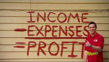 Man pointing at Income Expense Profit