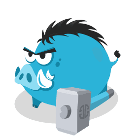 A blue pig holding a hammer.