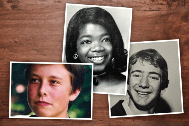Three photos of young people smiling on a wooden table.