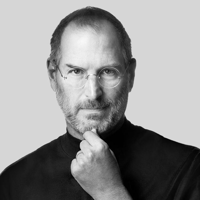 Steve jobs in a black and white photo.
