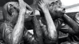 Monochrome image of sculptures depicting the "see no evil, hear no evil" concept with two gorillas.